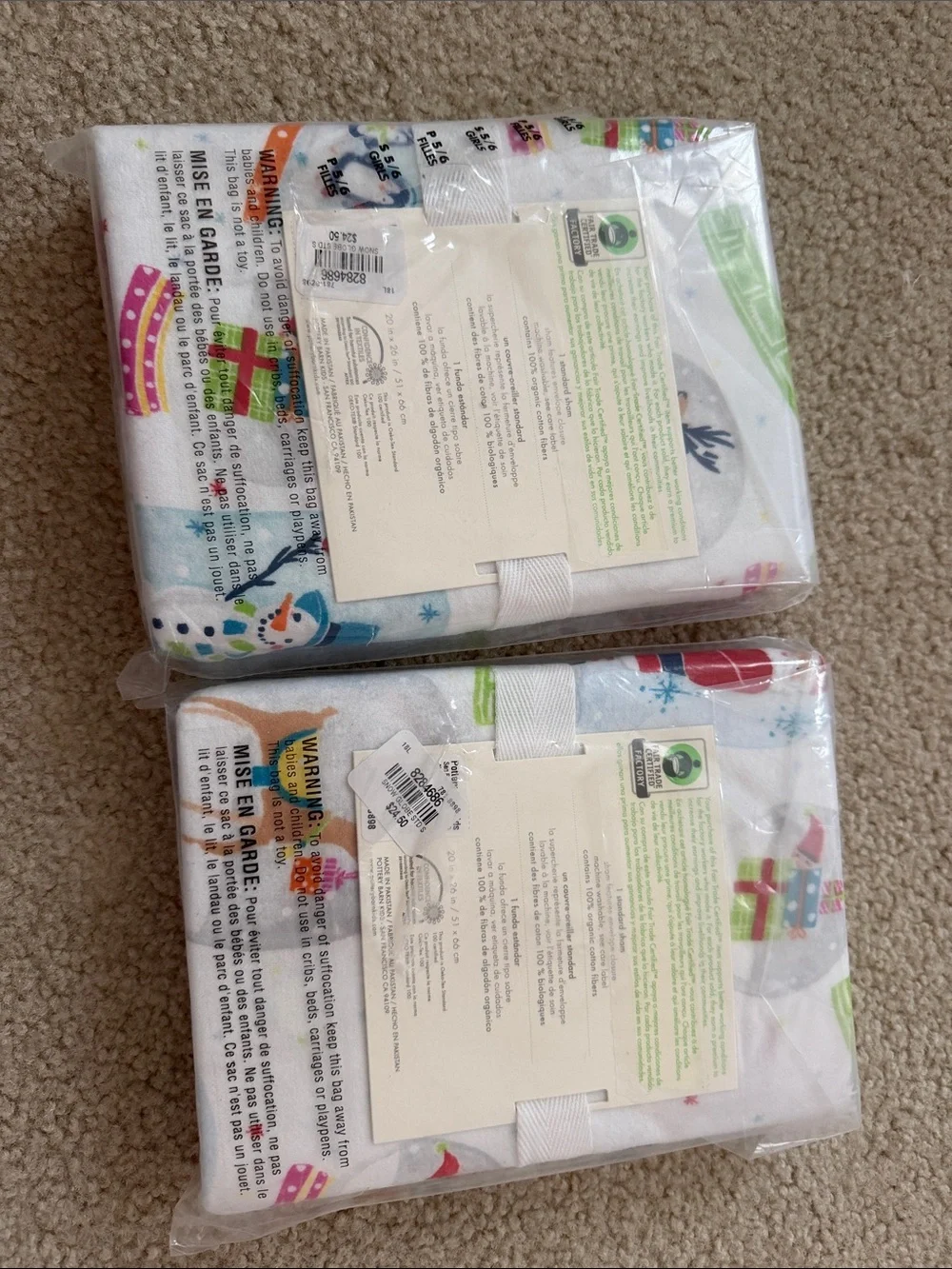 Pottery Barn Kids Organic Flannel Snow Globe Sham - White Holiday Print-set of 2